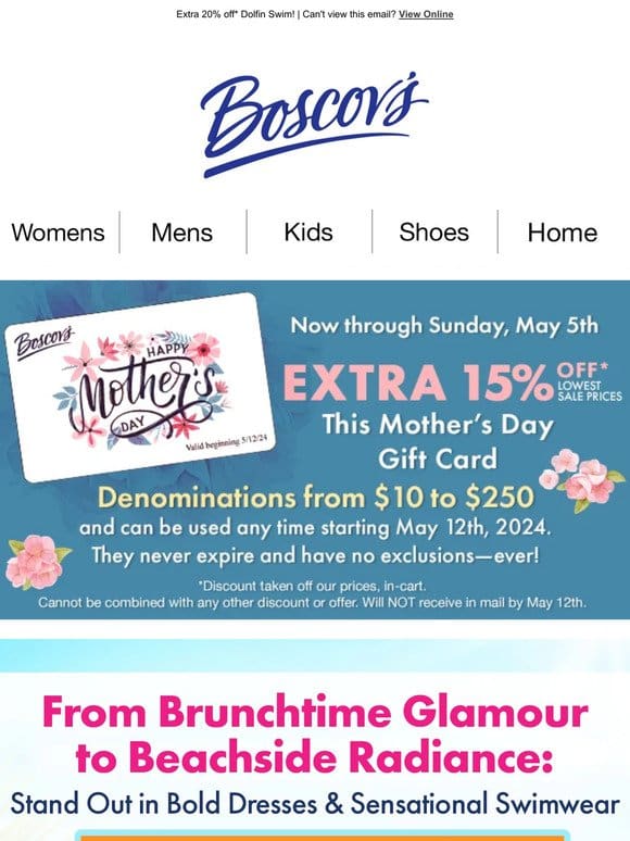 Extra 15% off* Mother’s Day Gift Card + Brunch to Beach Styles