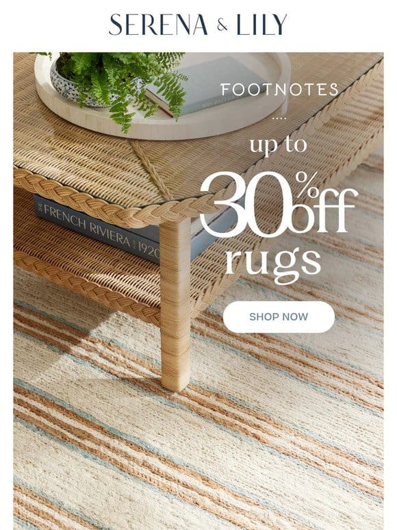 Footnotes. Up to 30% off rugs starts now.