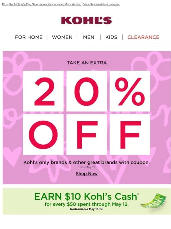 Get 20% off! Here comes the Kohl’s Cash