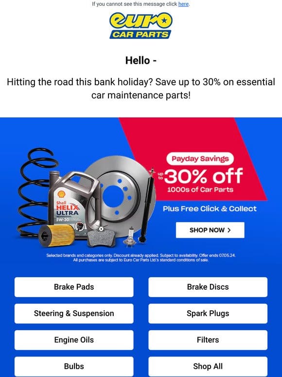 Get Up to 30% Off Parts This Bank Holiday!