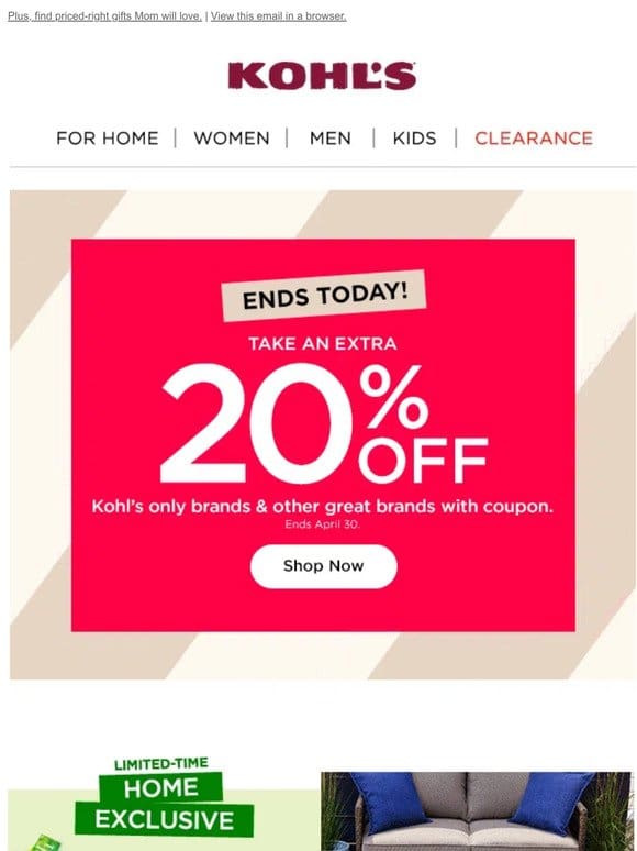 HOURS LEFT to save 20% & earn Kohl’s Cash on home finds! Better run to your cart