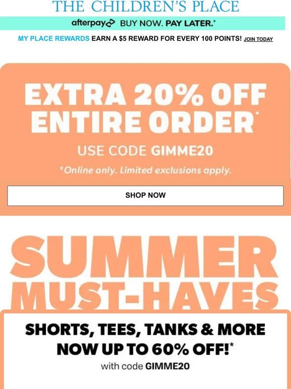 ? [LIMITED TIME] EXTRA 20% OFF your ENTIRE order! Plus， ALL Shorts up to 60% OFF!