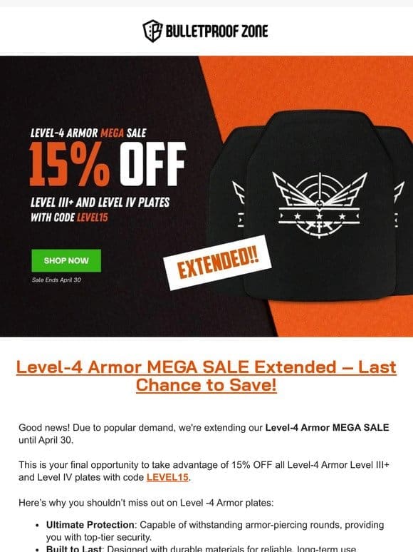 Last Call! Get 15% OFF Level-4 Armor Plates – Sale Extended to April 30!