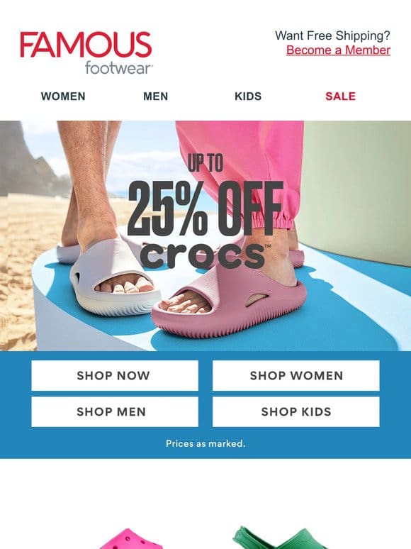 Last day Up to 25% off Crocs & HEYDUDE