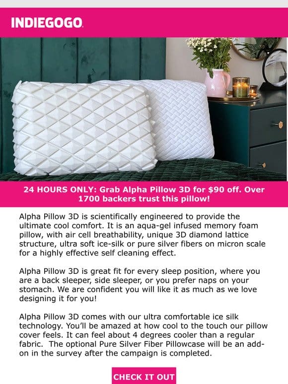 Live NOW on Indiegogo: Flash Sale on Alpha Pillow 3D， the new 4° cooler pillow