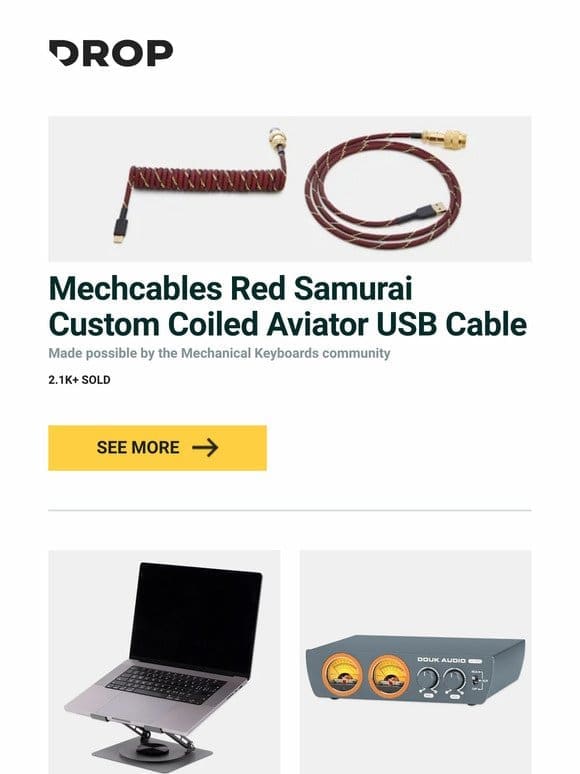 Mechcables Red Samurai Custom Coiled Aviator USB Cable， Keebmonkey Laptop Stand， Douk Audio H7 PRO Stereo Power Amplifier With VU Meter and more…