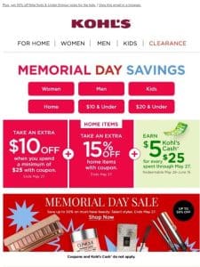 Memorial Day Savings: $10 off， 15% off home items & more great prices