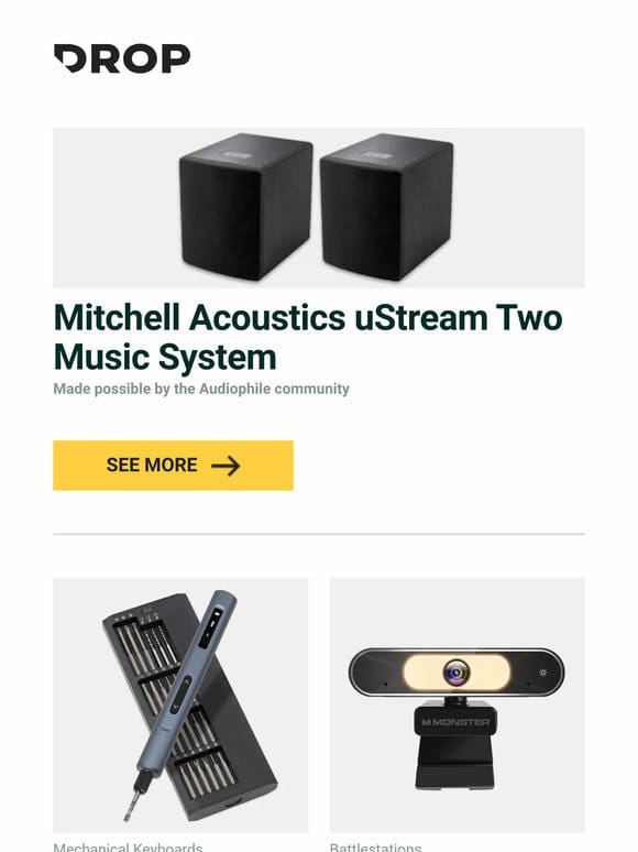 Mitchell Acoustics uStream Two Music System， Keebmonkey Electric Screwdriver Drill， Monster Vision Insight Focus Premium 4K UHD Webcam and more…