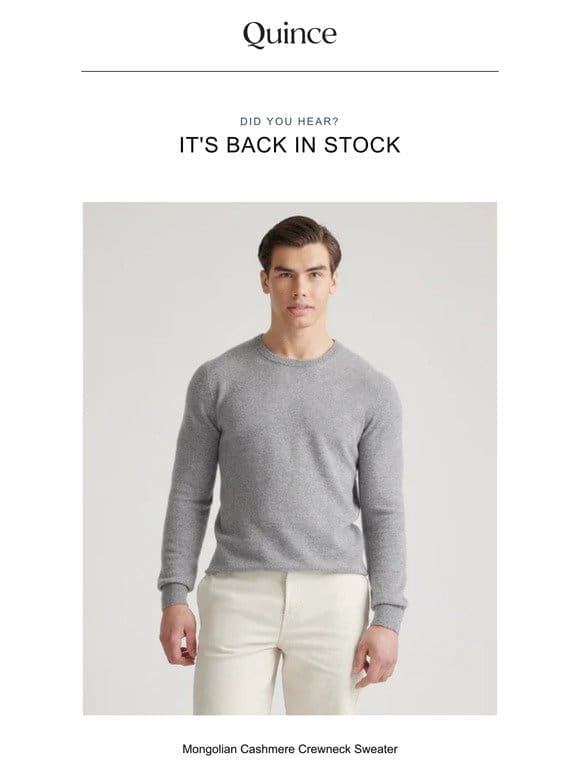 Mongolian Cashmere Crewneck Sweater is back in stock
