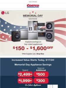 NEW Increased Value! Memorial Day Appliance Savings Starts NOW!