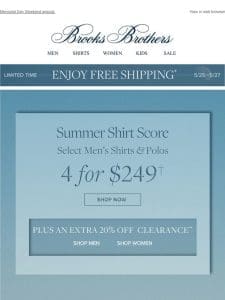 Now: 4 shirts & polos for $249 + extra 20% off clearance AND free shipping!