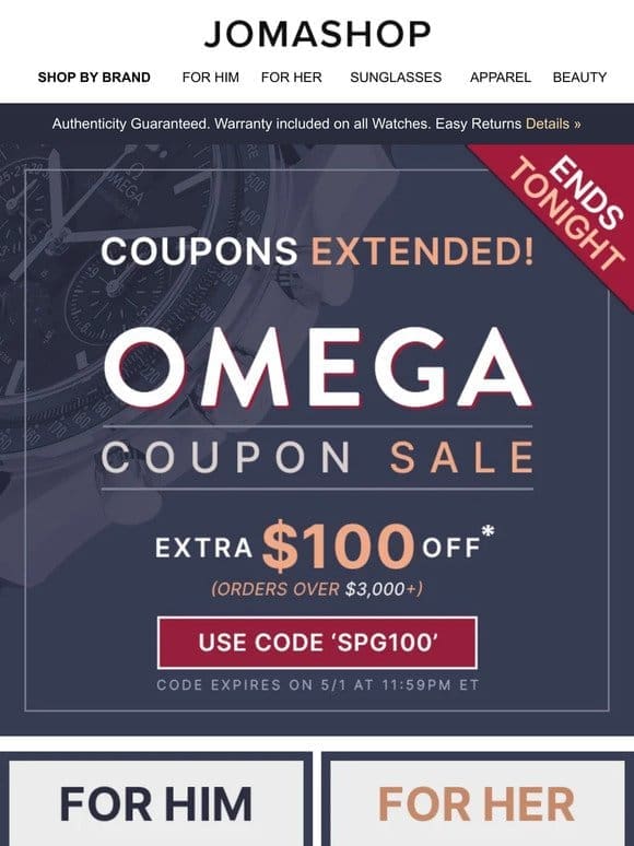OMEGA WATCHES: Extra $100 Off (Ends Tonight!)