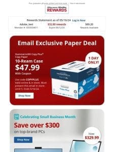 One Day Deal Alert! $47.99 Hammermill® 10 Ream Case Paper