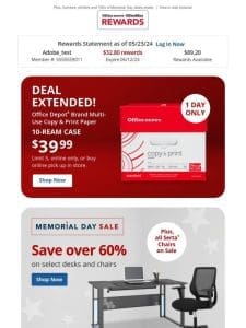 One Day only: $39.99 Office Depot® brand 10 Ream Paper