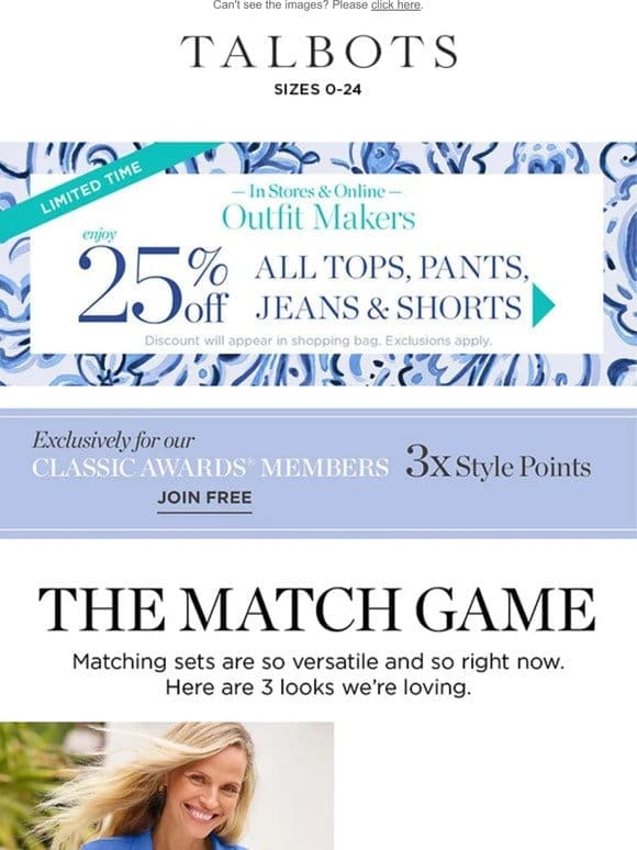 Ooh matching sets! And 25% off tops， pants， jeans & shorts