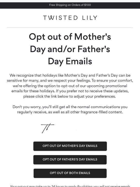Opting out of Mother’s Day/Father’s Day emails