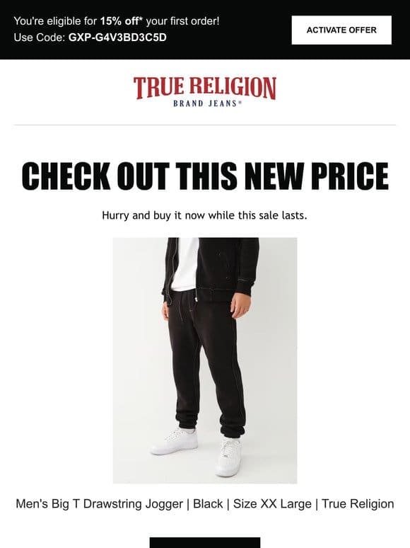 Price drop! The Men’s Big T Drawstring Jogger | Black | Size XX Large | True Religion is now on sale…