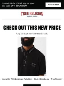 Price drop! The Men’s Big T Embroidered Polo Shirt | Black | Size Large | True Religion is now on sale…