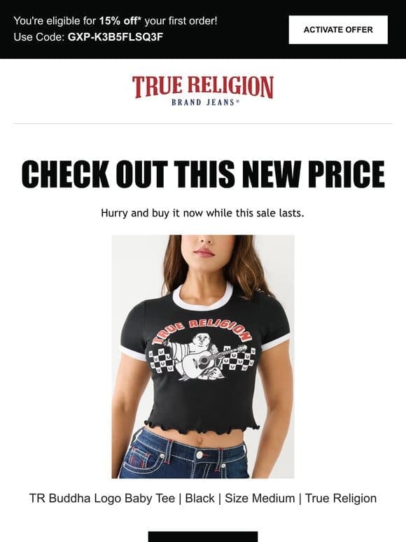 Price drop! The TR Buddha Logo Baby Tee | Black | Size Medium | True Religion is now on sale…