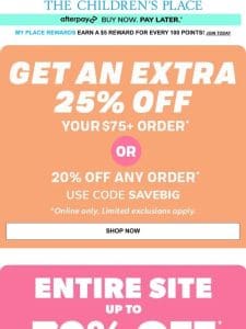 (Quick!) Save BIG with EXTRA 25% OFF， up to 70% off SITEWIDE (Limited Time & Online ONLY!)