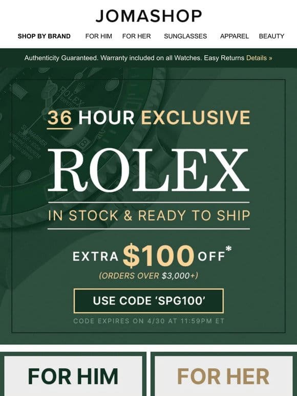 ROLEX EXCLUSIVE: Extra $100 Off