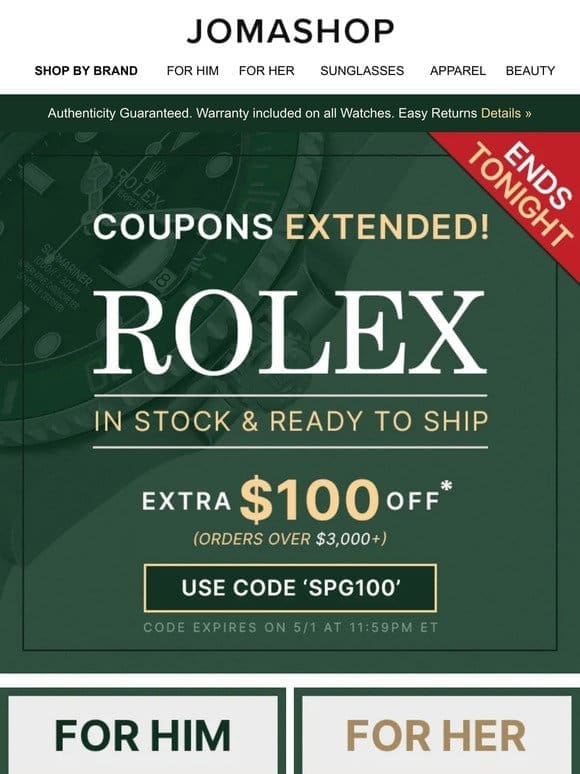 ROLEX: Extra $100 Off (Ends Tonight!)
