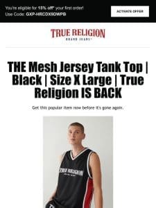 Reminder: The Mesh Jersey Tank Top | Black | Size X Large | True Religion is available! Get 15% off