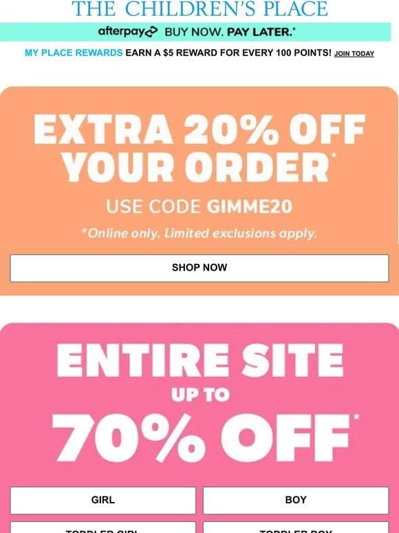 SITEWIDE SAVINGS: up to 70% OFF | Plus， EXTRA 20% off your ENTIRE order w/code GIMME20!