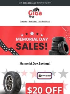 Safe Travels， Low Prices – Memorial Day Tires ❤️