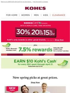 Save 30%， 20% or 15%! Enjoy great prices & all the Kohl’s Cash ?