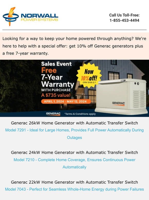 Secure 10% Off Generac Generators & Gain Peace of Mind with a Free 7-Year Warranty!