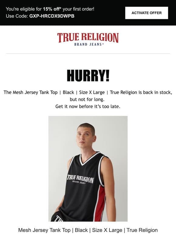 The Mesh Jersey Tank Top | Black | Size X Large | True Religion is back! Limited quantity!