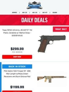 Today Only Deals! | Tisas 1911A1 US Army 45ACP $299.99! | Igman 7.62×39 123gr $11.99/Box!