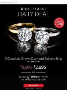 Today only: Save $1，000 on our 3 carat lab-grown diamond ring in 14kt gold