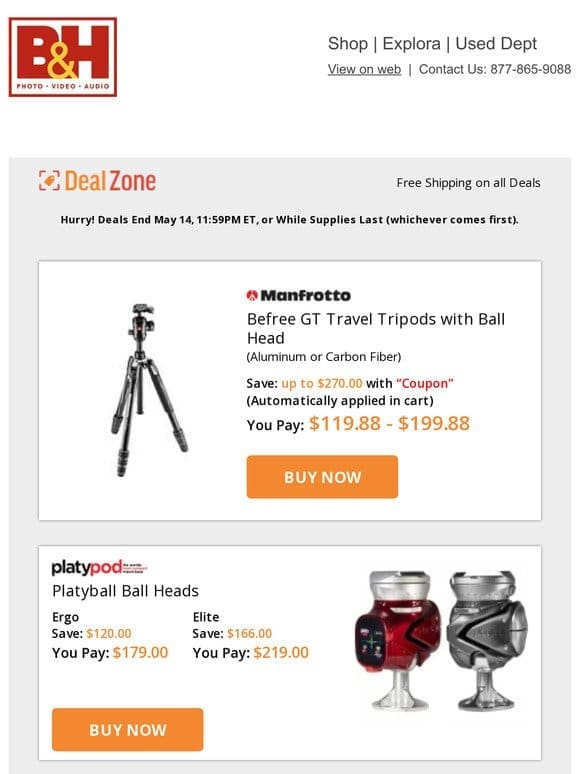 Today’s Deals: Manfrotto Befree GT Travel Tripods w/ Ball Head， Platypod Platyball Ball Heads， SmallHD Cine 24″ 4K High Bright Pro Monitor， CAD Single-Mix In-Ear Wireless Monitoring System & More