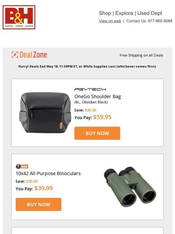 Today’s Deals: PGYTech OneGo Shoulder Bag， Bushnell 10×42 All-Purpose Binoculars， Raya Bendie-Brite Folding Bi-Color Ring Light & JOBY Action Grip