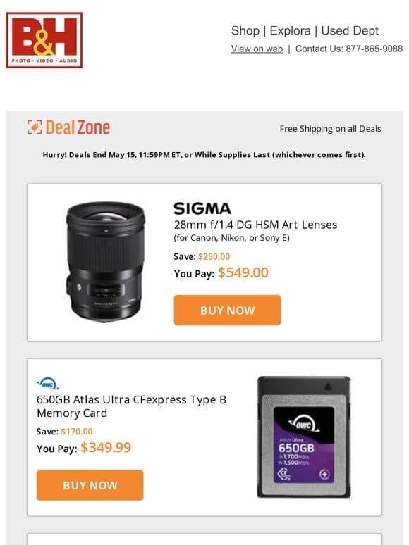 Today’s Deals: Sigma 28mm f/1.4 G HSM Art Lenses， OWC 650GB Atlas Ultra CFexpress Type B Memory Card， Core SWX Hypercore NEO 150 Mini 147Wh Batteries， Synco Mic-D2 Hypercardioid Shotgun Mic & More