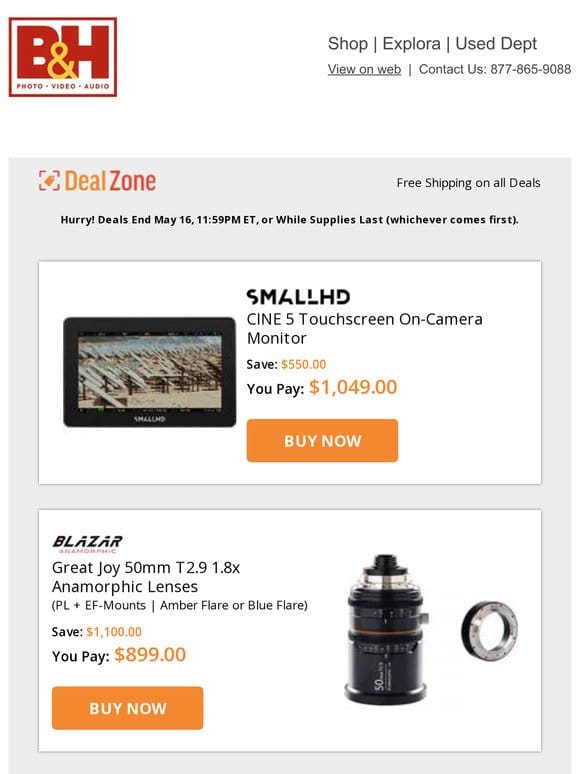 Today’s Deals: SmallHD CINE 5 Touchscreen On-Camera Monitor， Blazar Great Joy 50mm T2.9 Anamorphic Lenses， Audix f50 Handheld Cardioid Dynamic Mic， Lowepro Photosport Pro III 55L Backpacks & More