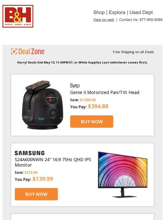 Today’s Deals: Syrp Genie II Motorized Pan/Tilt Head， Samsung 24″ 16:9 75Hz Monitor， Synology DiskStation NAS Enclosure & Kits， Illuminati Light and Color Meter & More