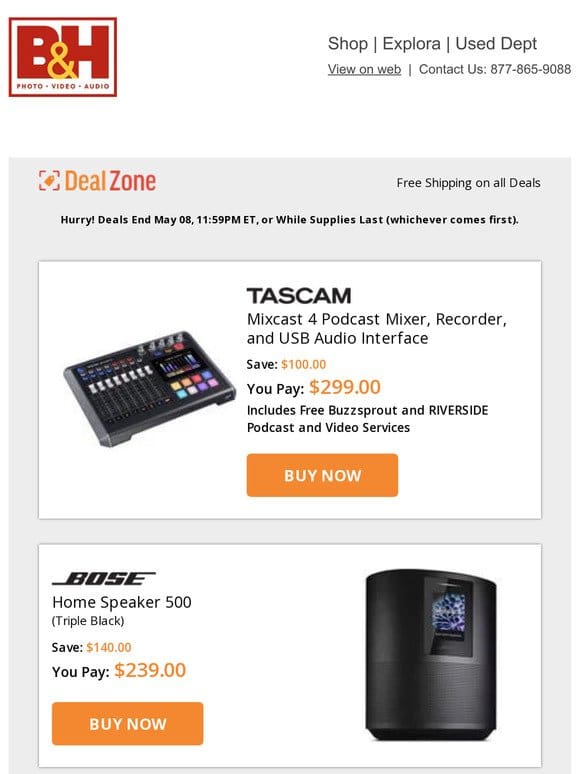 Today’s Deals: Tascam Mixcast 4 Podcast Mixer， Recorder， & USB Audio Interface， Bose Home Speaker 500， LumiQuest Lastand Tripod， Austrian Audio Live Set Large-Diaphragm Cardioid Condenser Mic & More