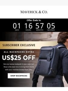 Treat Yourself – Exclusive US$25 Off on Backpacks!