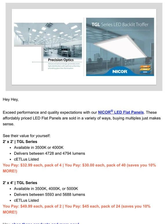 Unbelievable Savings on NICOR LED Flat Panels!