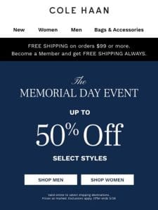 Up to 50% off: The Memorial Day Event starts now