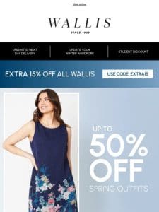 Up to 50% off spring outfits + an extra 15% off ALL Wallis
