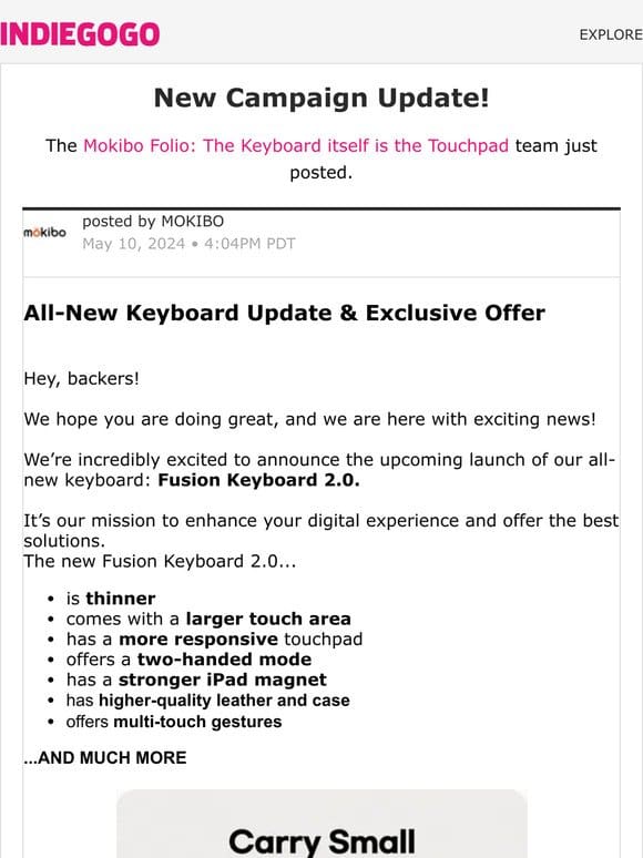 Update #28 from Mokibo Folio: The Keyboard itself is the Touchpad
