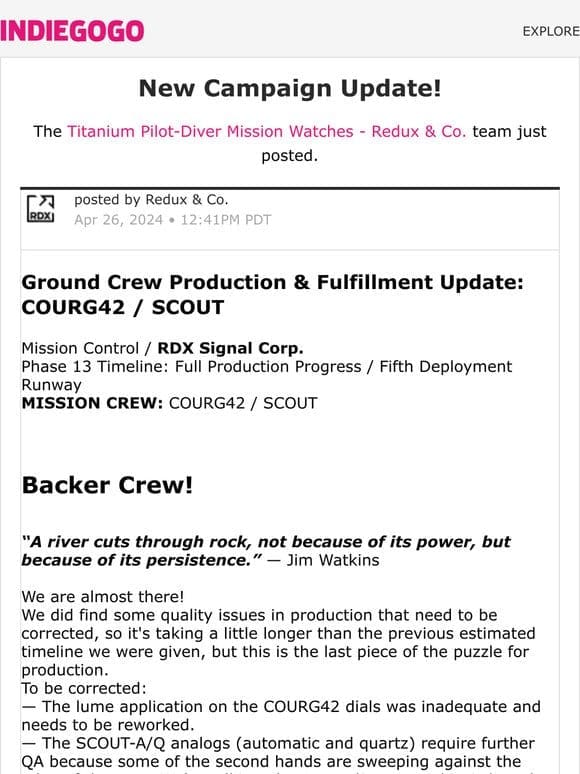 ? Update #35 from Titanium Pilot-Diver Mission Watches – Redux & Co.
