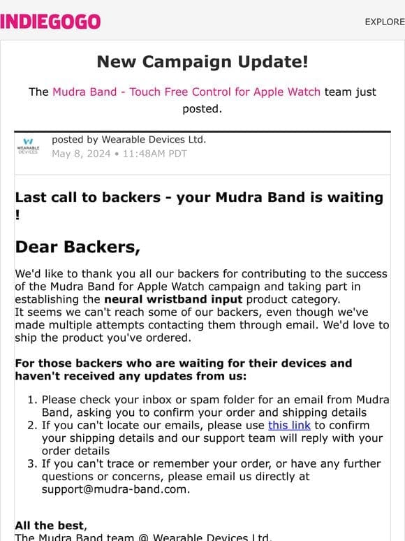 Update #38 from Mudra Band – Touch Free Control for Apple Watch