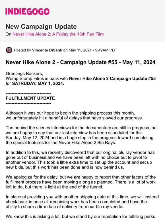 Update #60 from Never Hike Alone 2: A Friday the 13th Fan Film