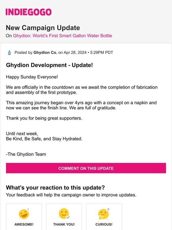 ? Update #93 from Ghydion: World’s First Smart Gallon Water Bottle
