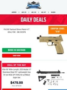 Use Code “510”… Save $200! | FN 510 Tactical 10mm Flat Dark Earth Pistol Coupon Code Deal!